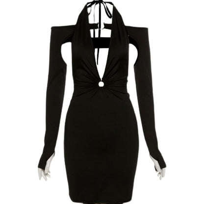 Sexy Knitted Long-sleeved Halterneck Dress Female Slimming Autumn Tight-fitting Hollow Nightclub Party Dress