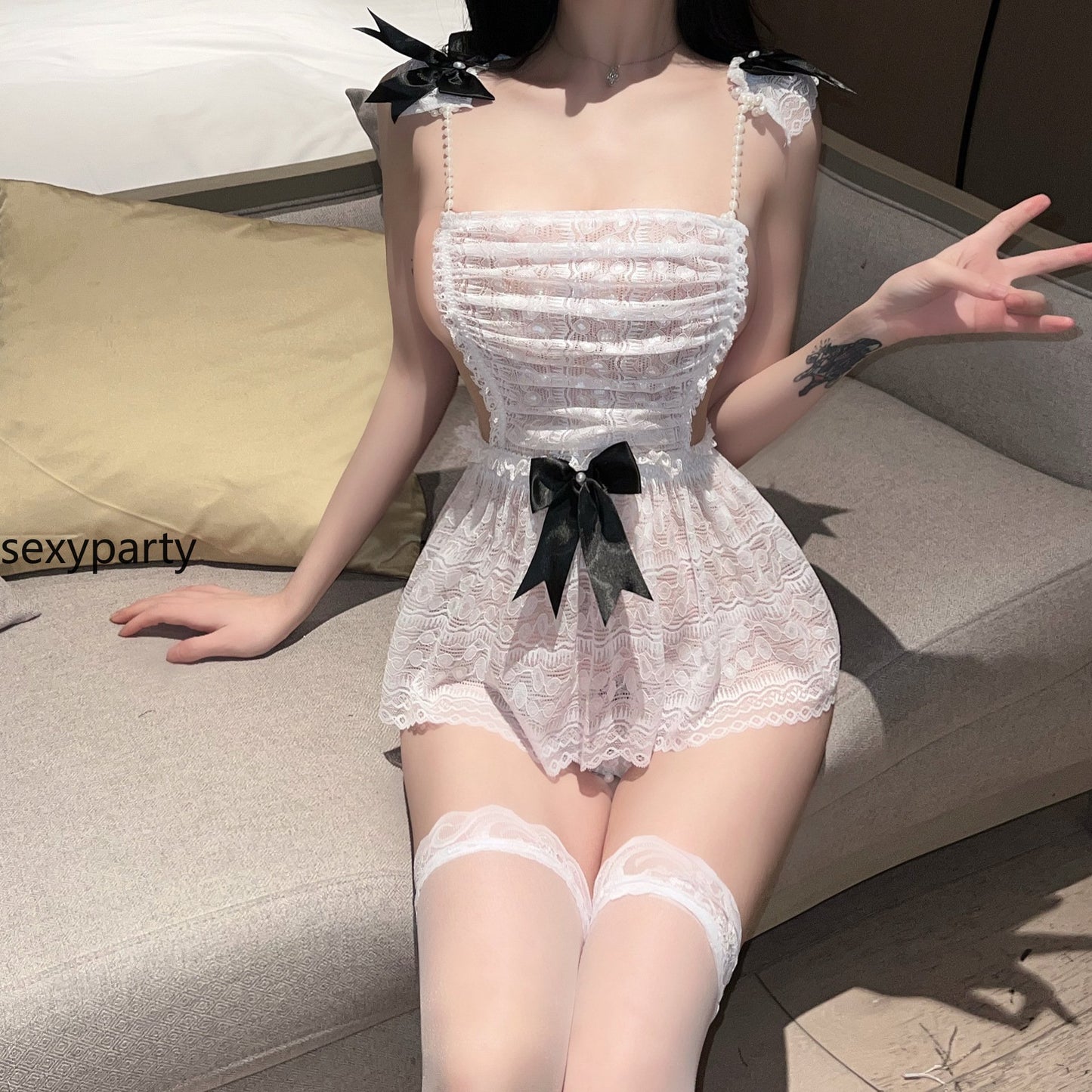 Sexy Hollow Lace Maid Set