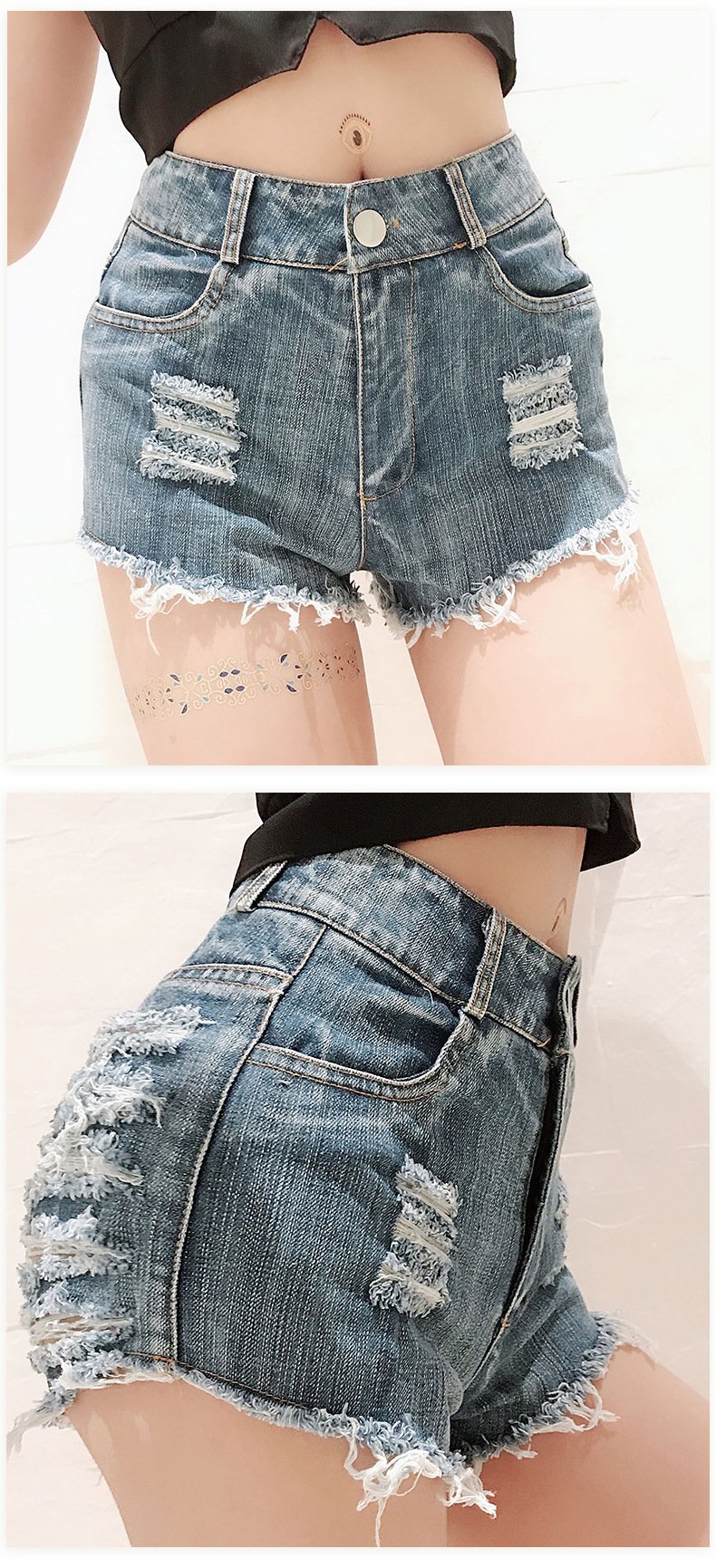 Nightclub women's sexy high waist perforated denim shorts