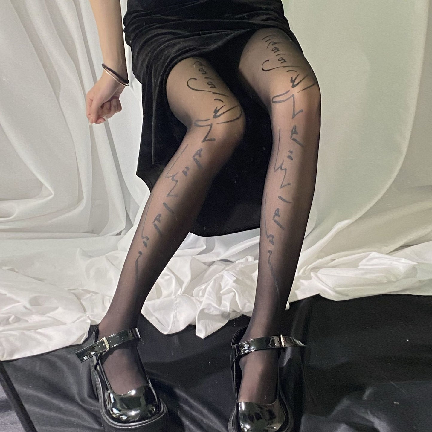 Trendy Printed Letter Silk Stockings JK Uniform with Silk Stockings Disco Club Black Silk