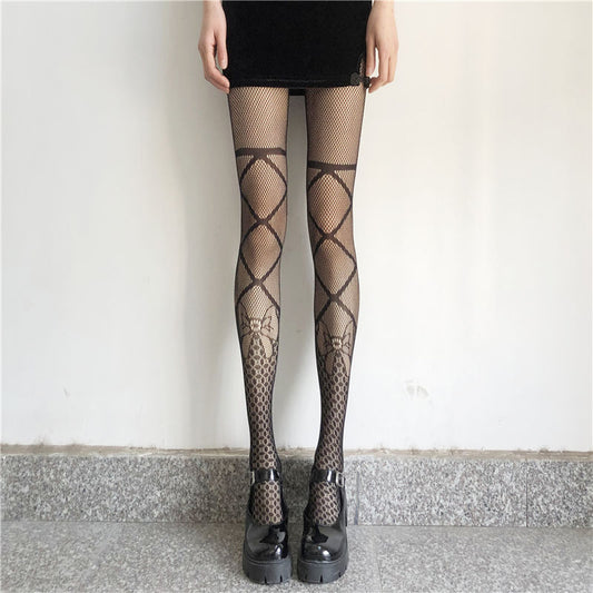 Bow Tie Fishing Net Socks JK Black Silk Sexy Hollow One-piece Pantyhose