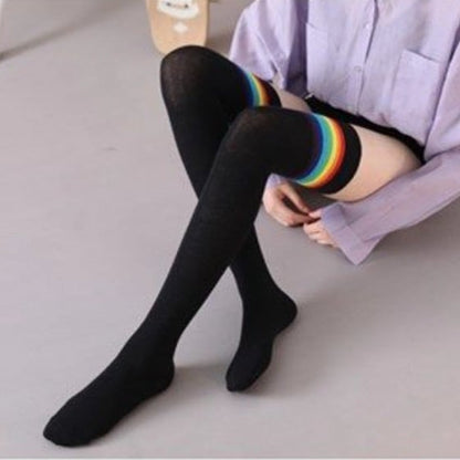 Student Wear Rainbow Stockings Bottoming Socks Pure Cotton Over The Knee Stockings