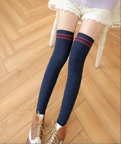 Women's Top Sexy Sweet Solid Color Knit Cotton Breathable Over The Knee Long Striped Thigh High Stocking High Elastic Underwear