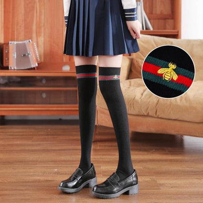 Little Bee Socks Embroidered Women's Socks Over The Knee Socks Fall/Winter High Socks Stockings Cotton Thigh Socks Student Socks