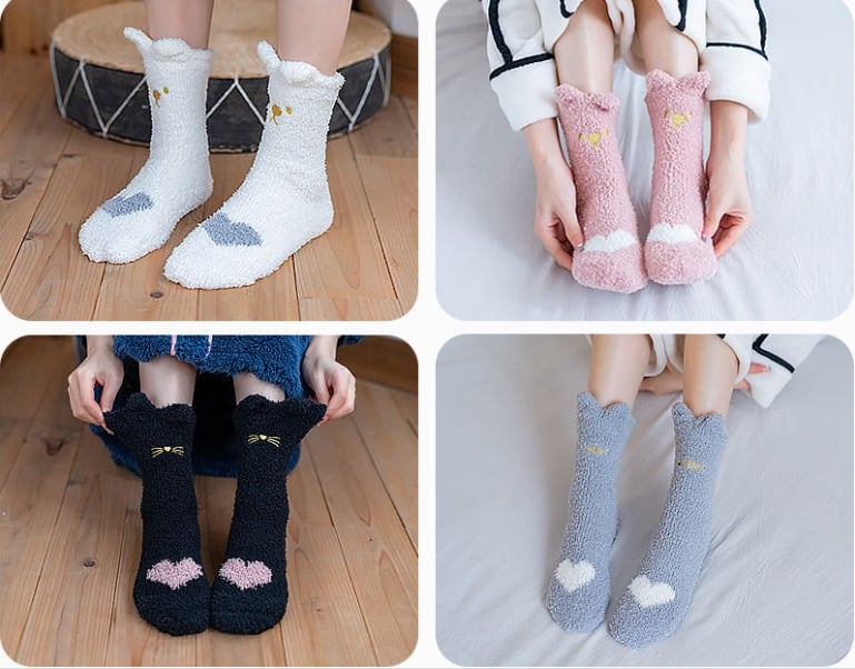 Cute Cat Coral Velvet Sleep Socks Women Plus Velvet Thick Tube Socks Winter Warm Home Sleeping Floor Socks