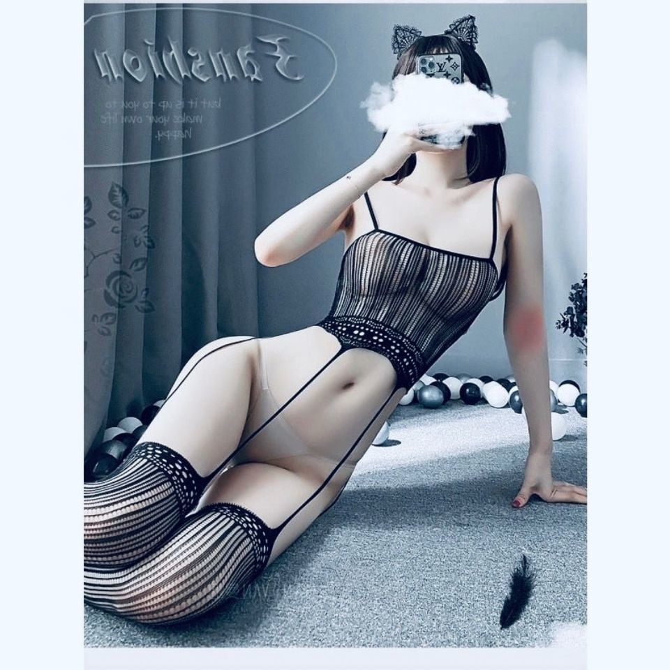 Black Stockings Sexy Perspective Hollow Suspenders Striped Open Stockings