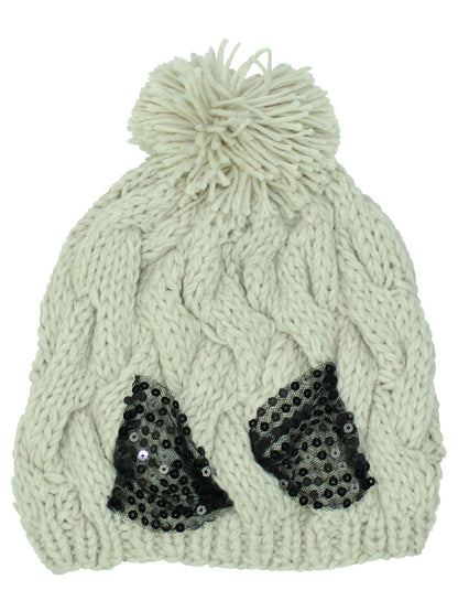 Cable Knit Beanie Cap With Sequin Bow