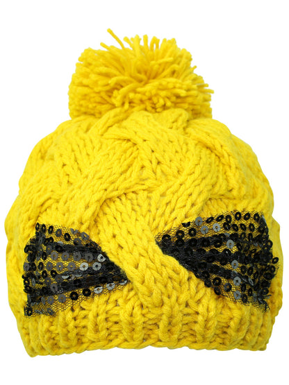 Cable Knit Beanie Cap With Sequin Bow