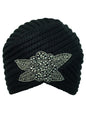 Black Winter Knit Turban Beanie With Beaded Flower