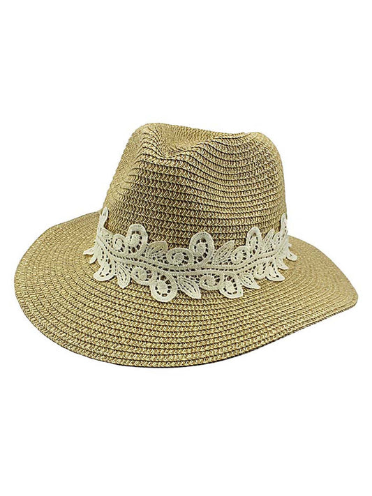 Woven Straw Panama Hat With Lace Hat Band