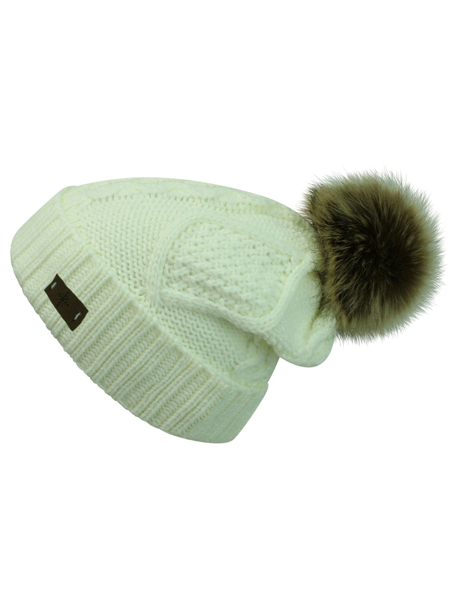 Fleece Lined Cable Knit Beanie Cap Hat With Pom Pom