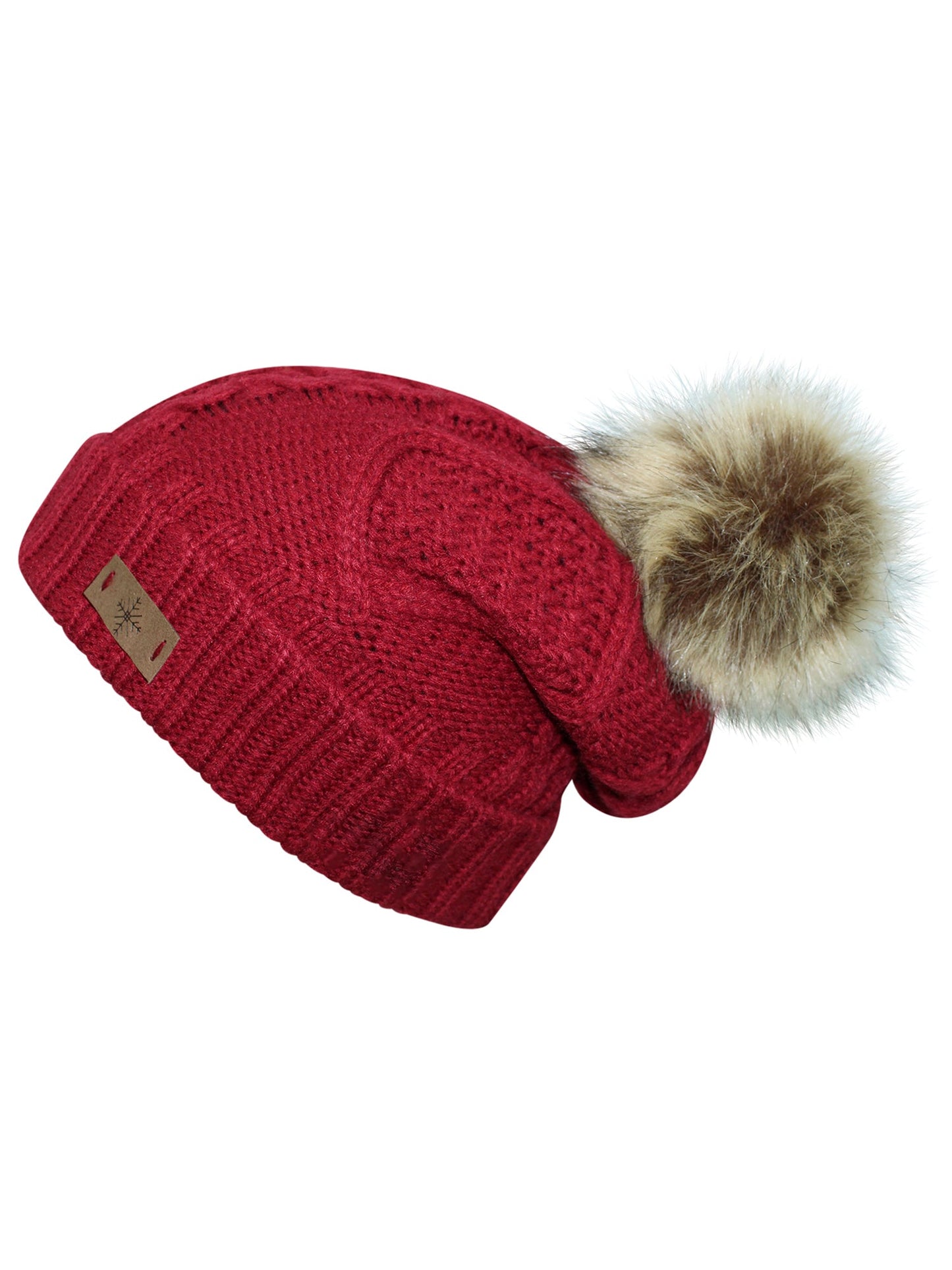 Fleece Lined Cable Knit Beanie Cap Hat With Pom Pom