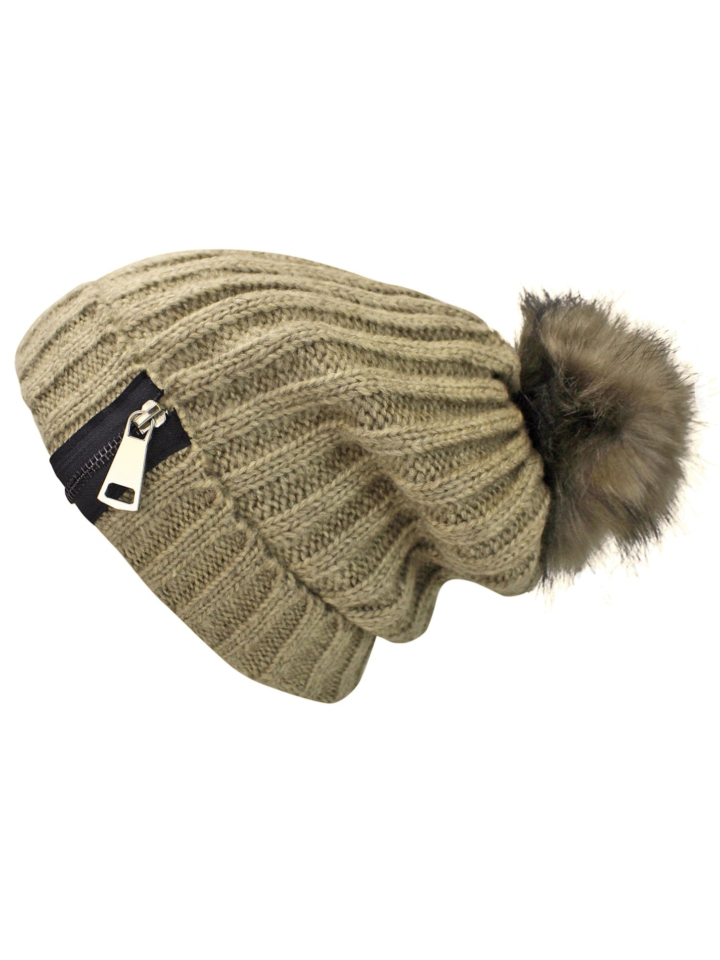 Fur Lined Knit Pom Pom Beanie Hat With Zipper