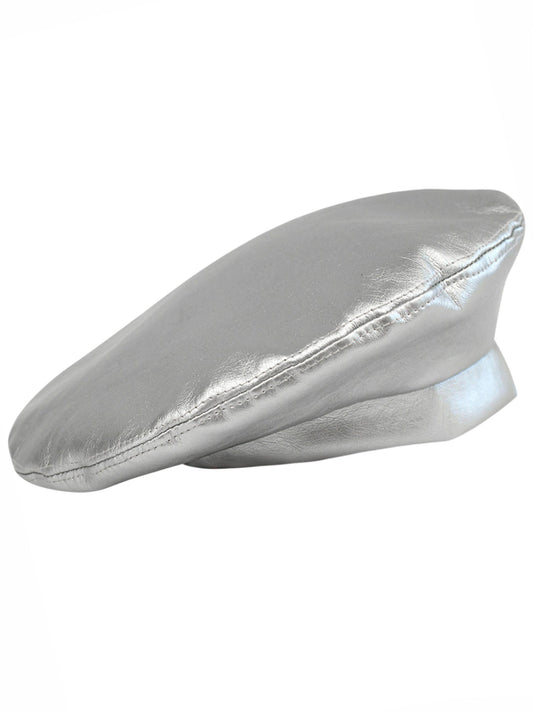 Silver Vegan Leather Fashion Beret Cap Hat