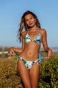 Free Shipping For Blue Floral Print Lace Up Bikini Set