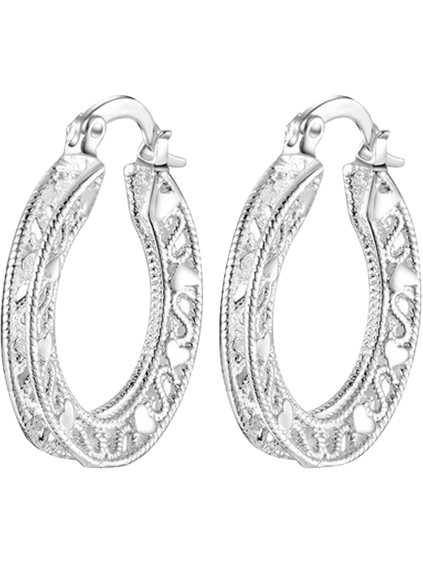 Sterling Silver Plated Heart Filigree Hoop Earrings