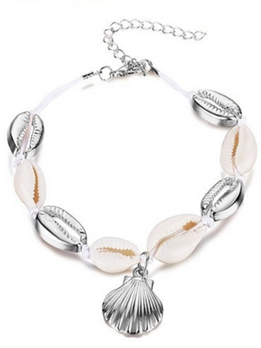 Silver Tone Cowrie Seashell Anklet With Dangle