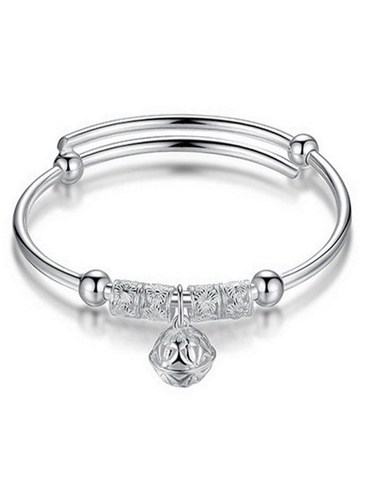 Silver Adjustable Bangle Bracelet With Filigree Ball Charm