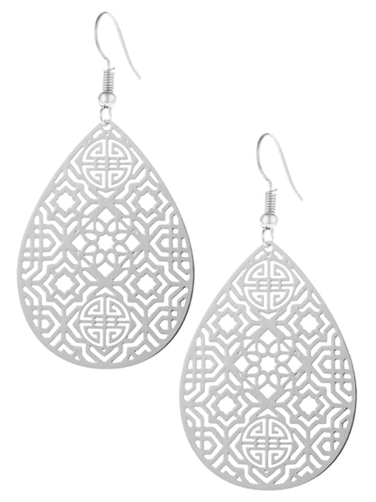 Silver Pear Shaped Moroccan Filigree Laser Cut Earrings