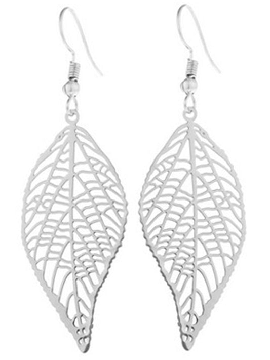 Silver Laser Cut Leaf Drop Earrings