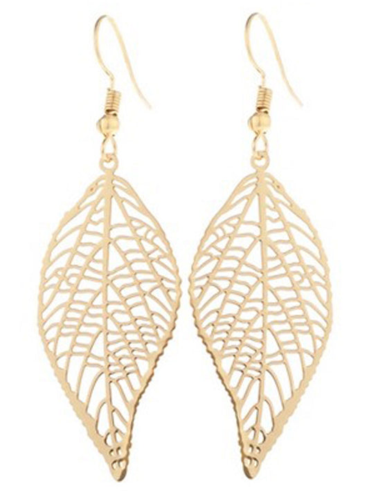 Gold Laser Cut Leaf Drop Earrings