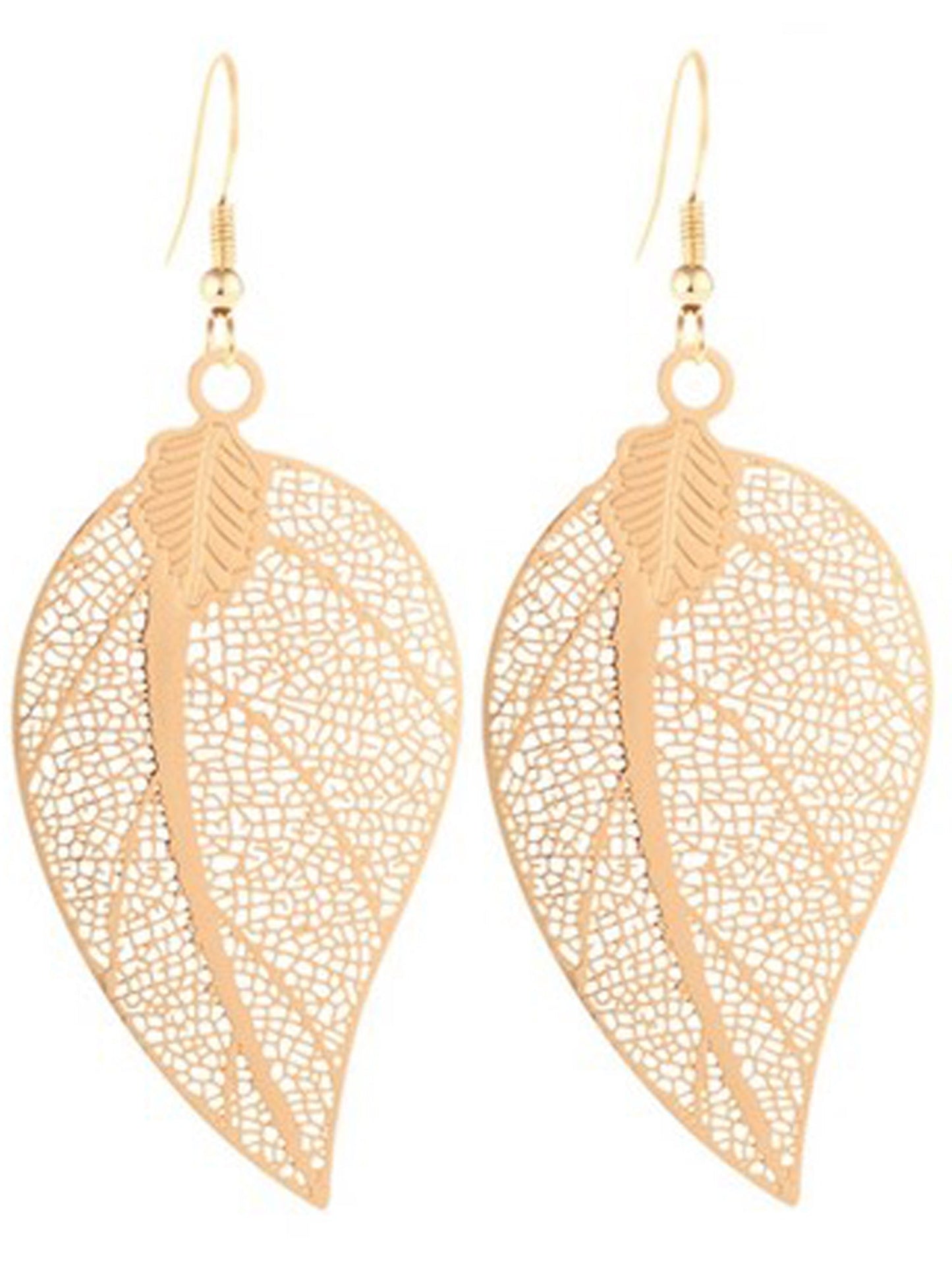 Gold Laser Cut Filigree Leaf Drop Earrings