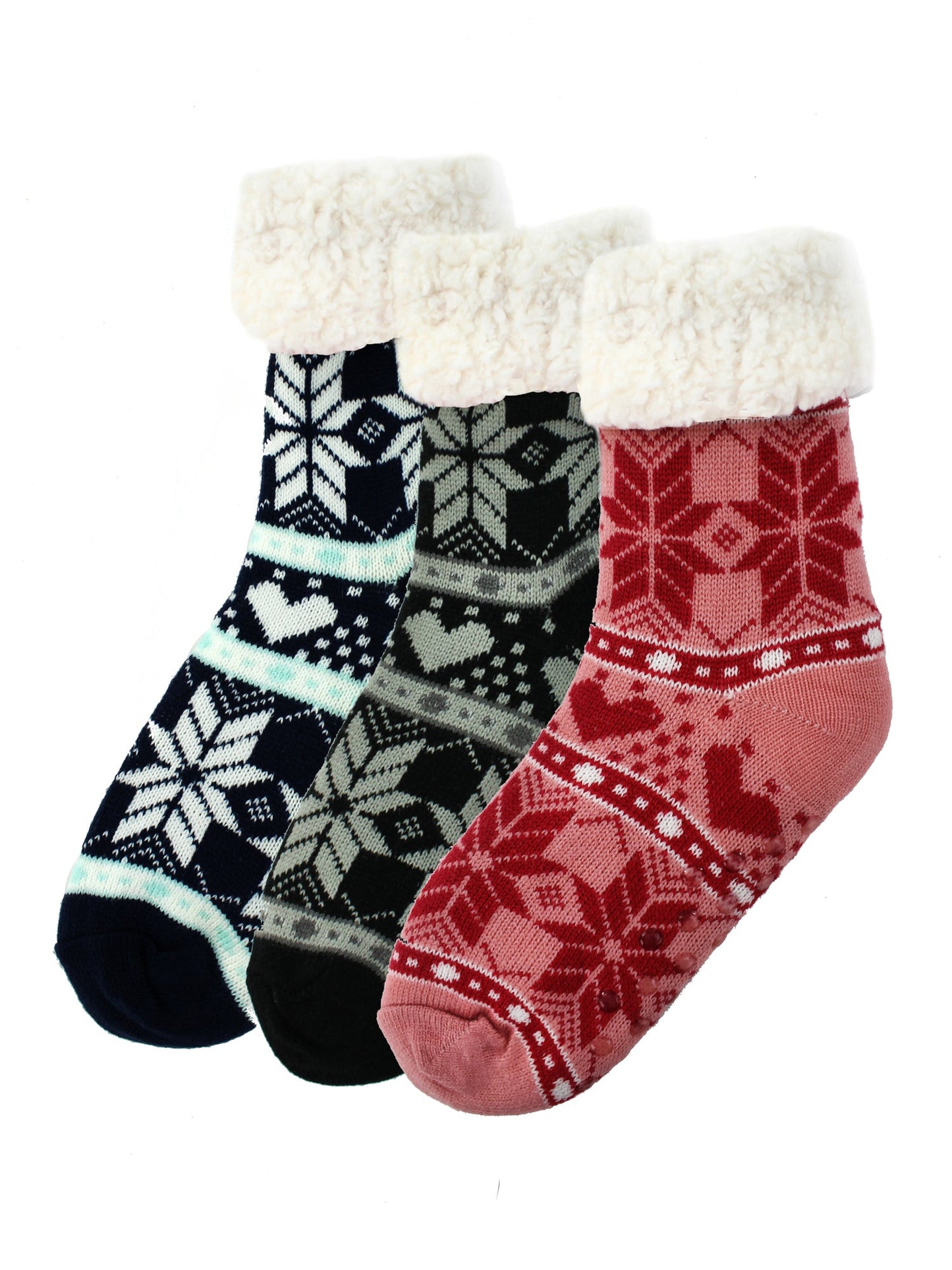 Winter Snowflake Anti Skid 3 Pack Faux Sherpa Slipper Socks For Women