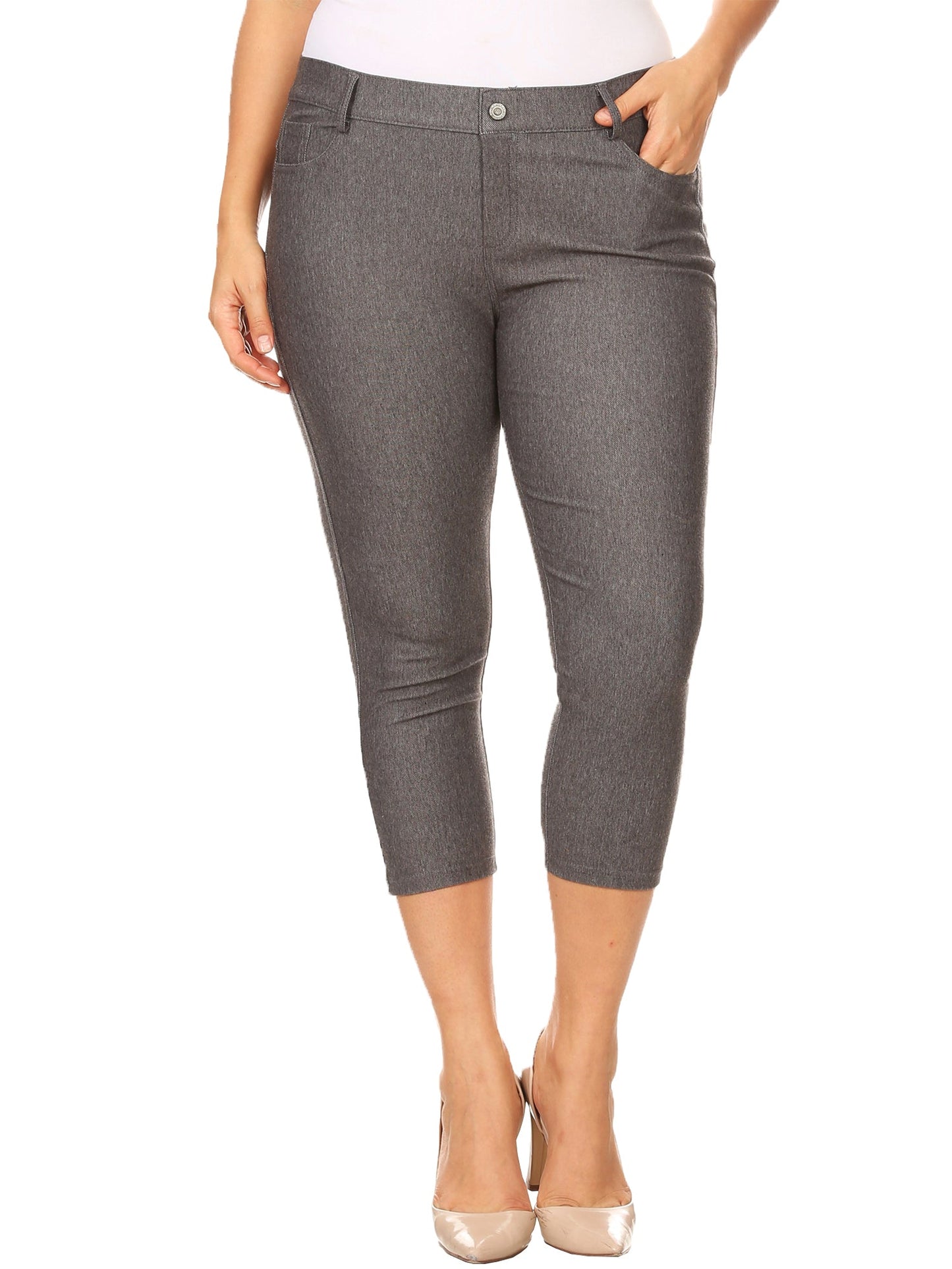 Plus Size Womens Gray 5 Pocket Jean Style Capri Leggings Size X-Large