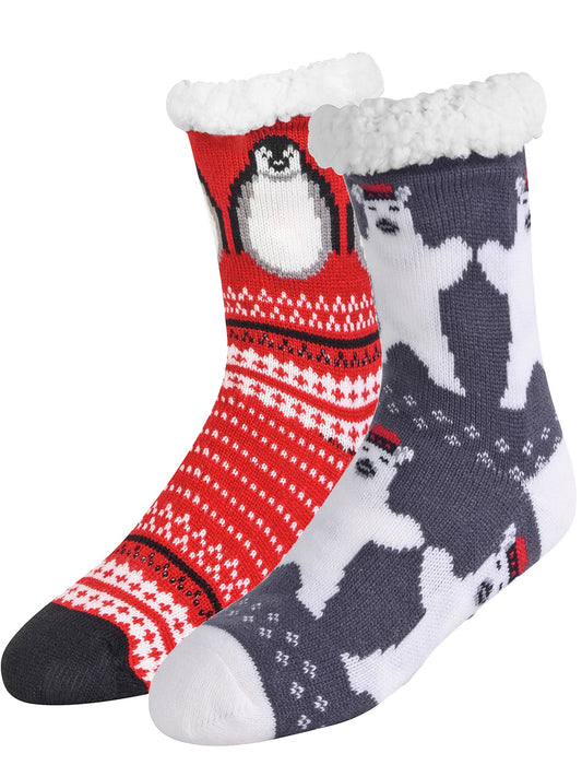 Polar Bear & Penguin Non-Skid Thermal 2-Pack Winter Slipper Socks