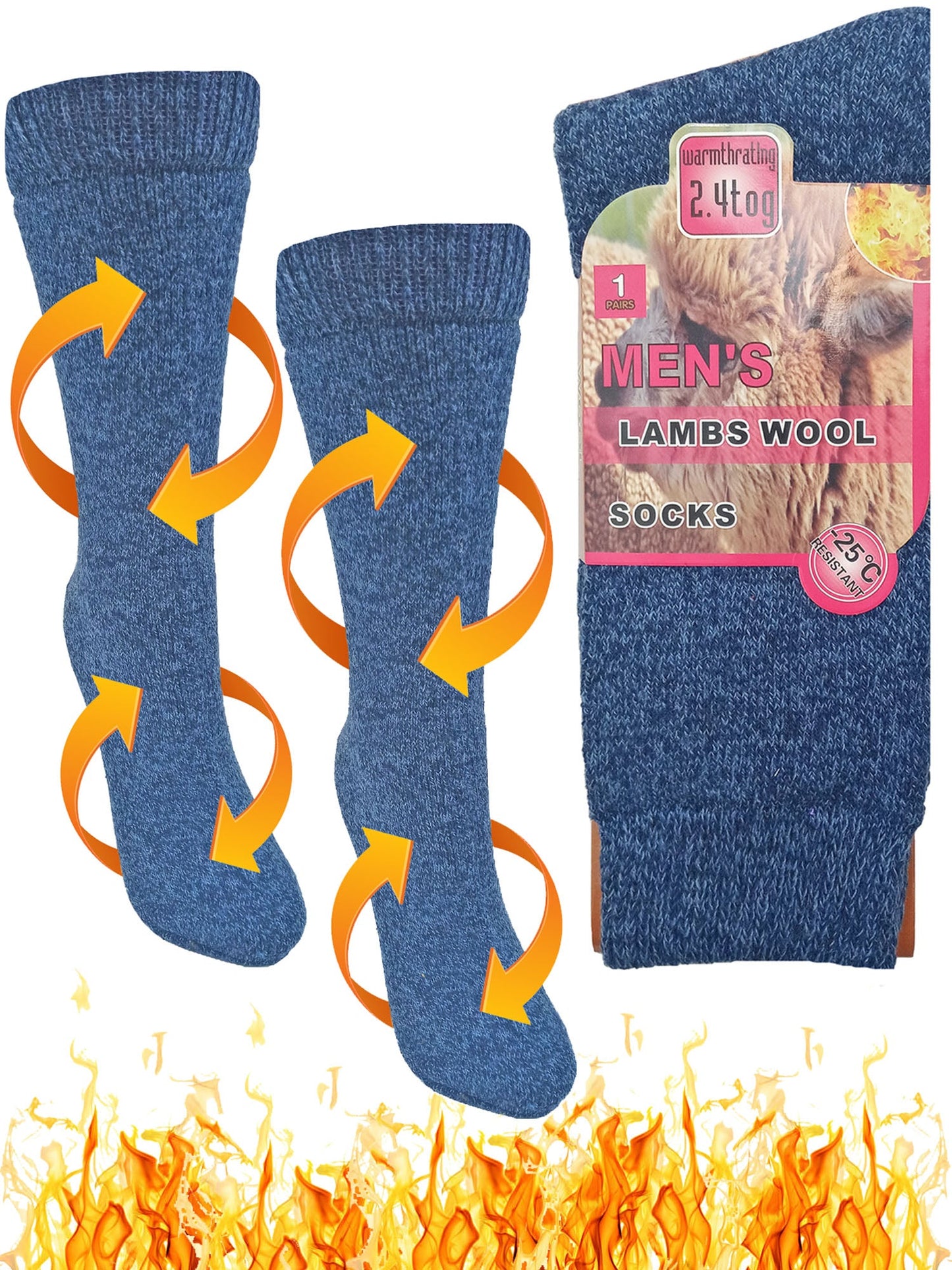 Mens Blue Marled Knit 3-Pack Thick Thermal Wool Socks