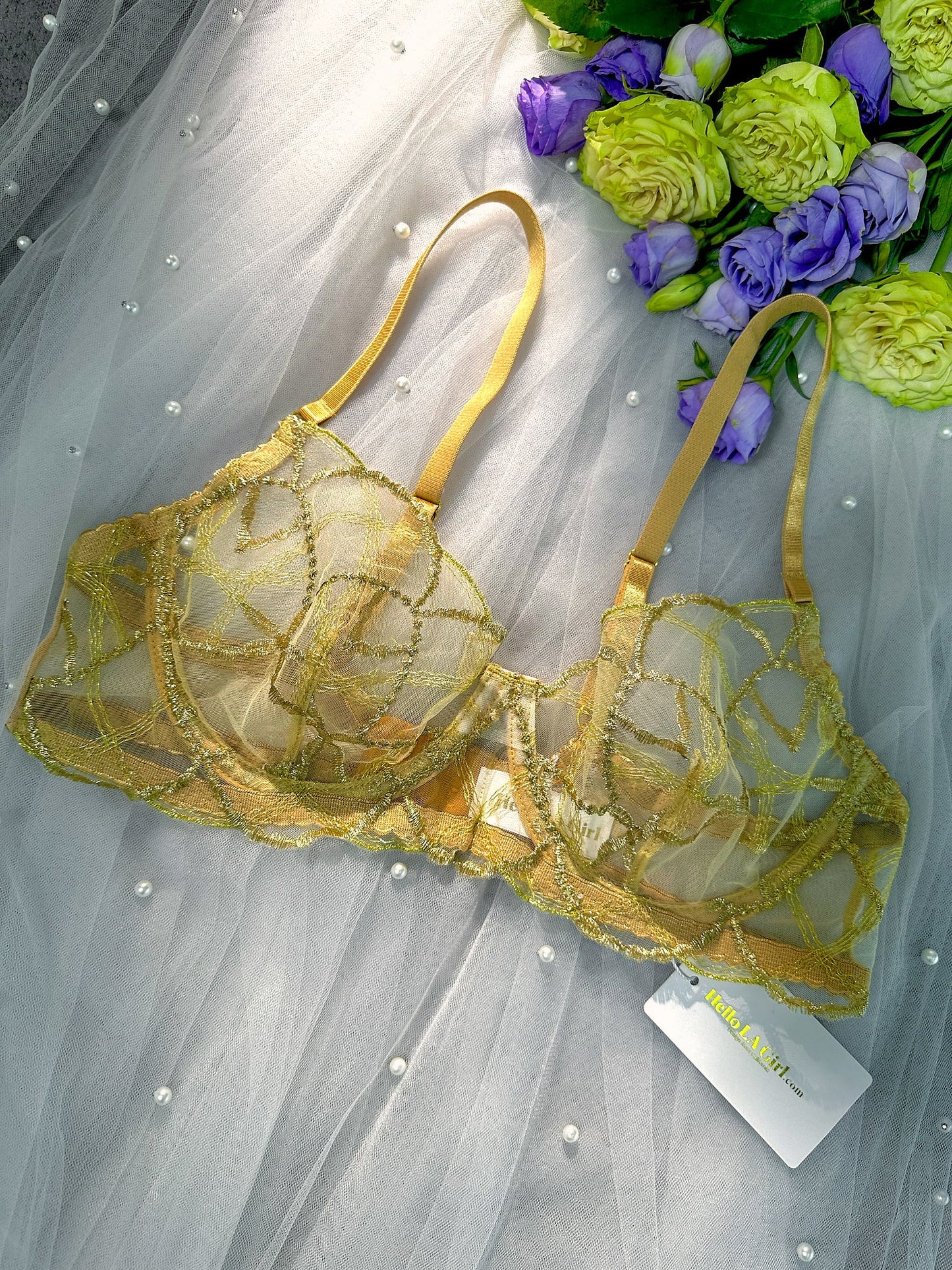 Free Shipping For Golden Embroidered See Through 3pc Lingerie Set