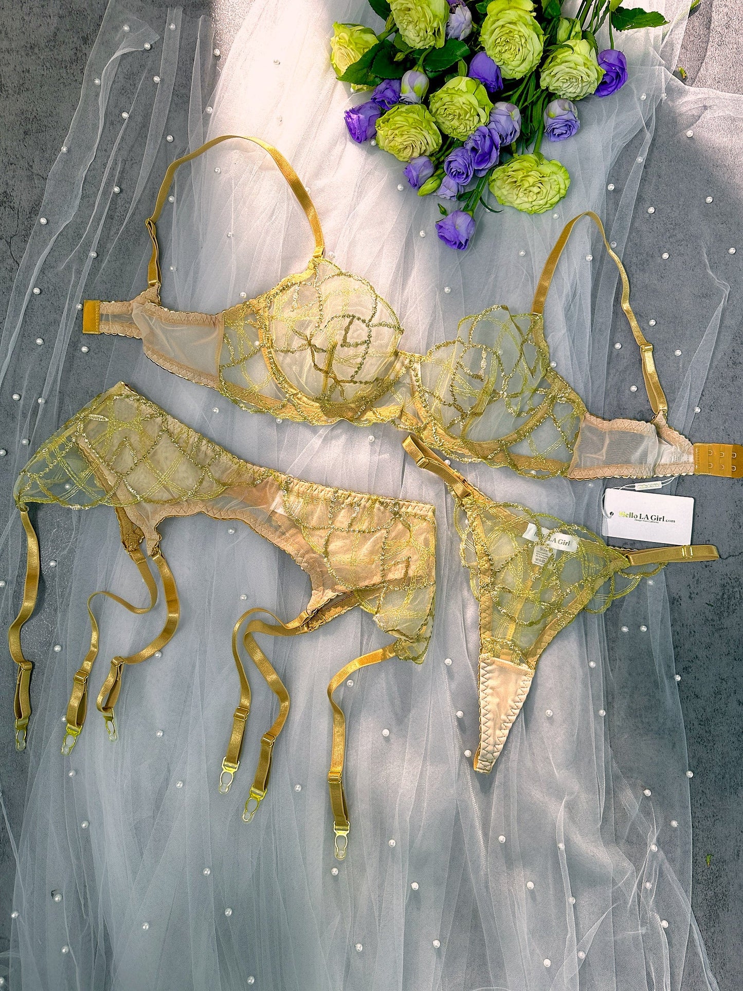 Free Shipping For Golden Embroidered See Through 3pc Lingerie Set