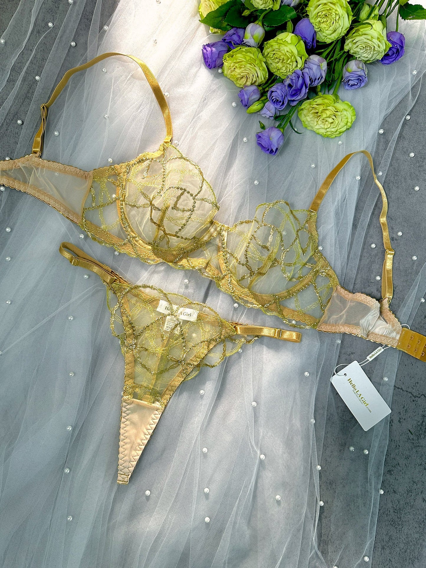 Free Shipping For Golden Embroidered See Through 3pc Lingerie Set