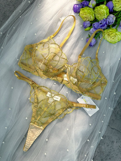 Free Shipping For Golden Embroidered See Through 3pc Lingerie Set