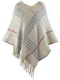 Classic Plaid Print Knit Poncho With Fringe