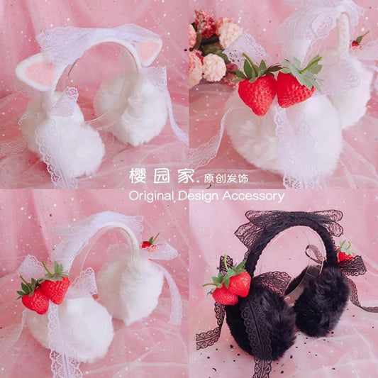 Free Shipping For Hivava Kawaii Cottagecore Strawberry Kitten Ear Muffs Accessory