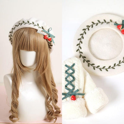 Free Shipping For Hivava Cerise in Spring Grass Fairycore Warm Hat, Gloves, and Earmuffs Set