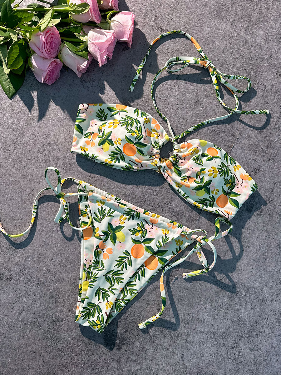 Free Shipping For Green Plant Double Fabric Bikini Set