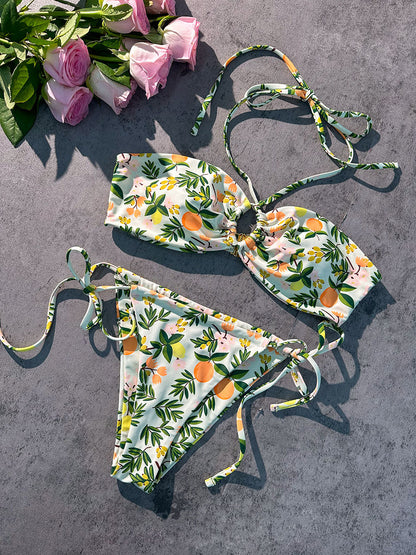 Free Shipping For Green Plant Double Fabric Bikini Set