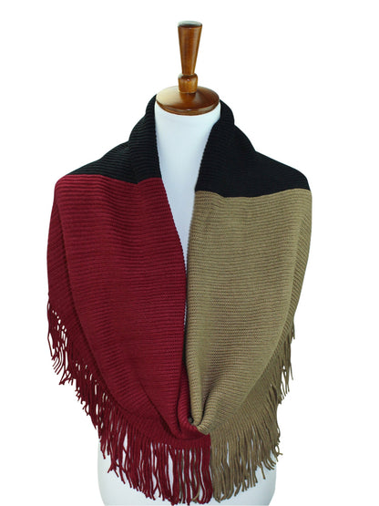 Tricolor Block Winter Knit Infinity Scarf With Fringe