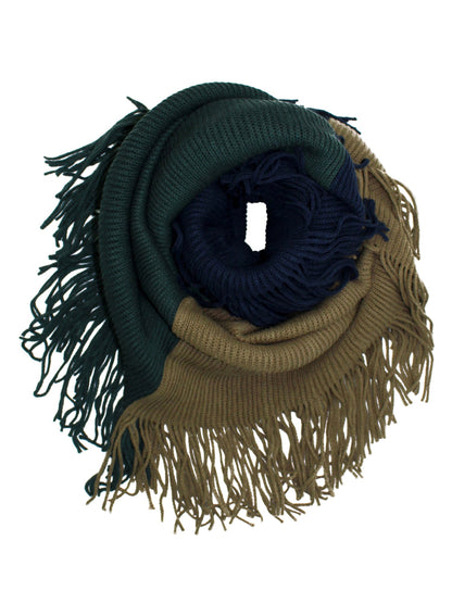 Tricolor Block Winter Knit Infinity Scarf With Fringe