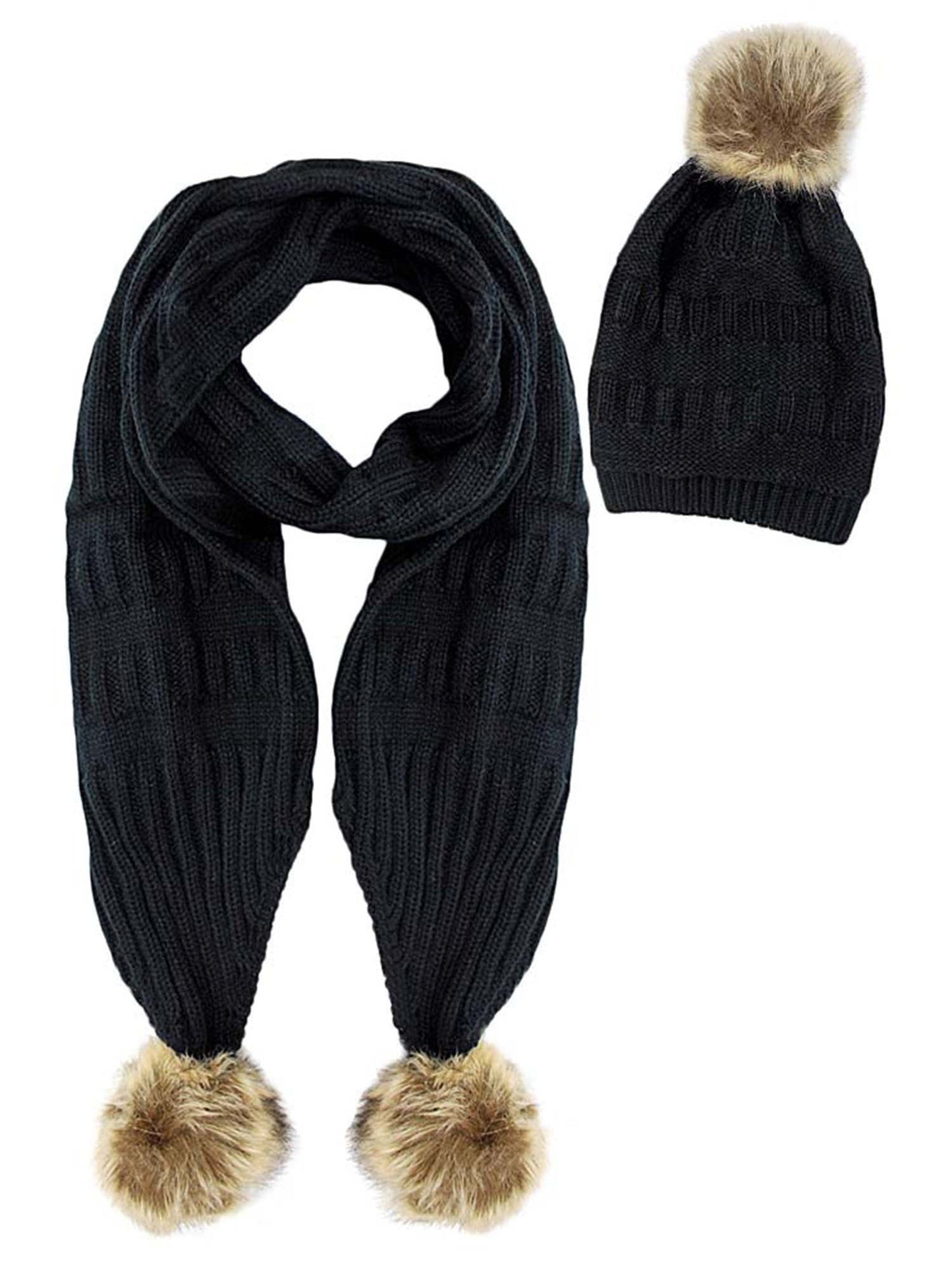 2-Piece Knit Slouchy Beanie Hat & Scarf Set With Fur Pom Poms