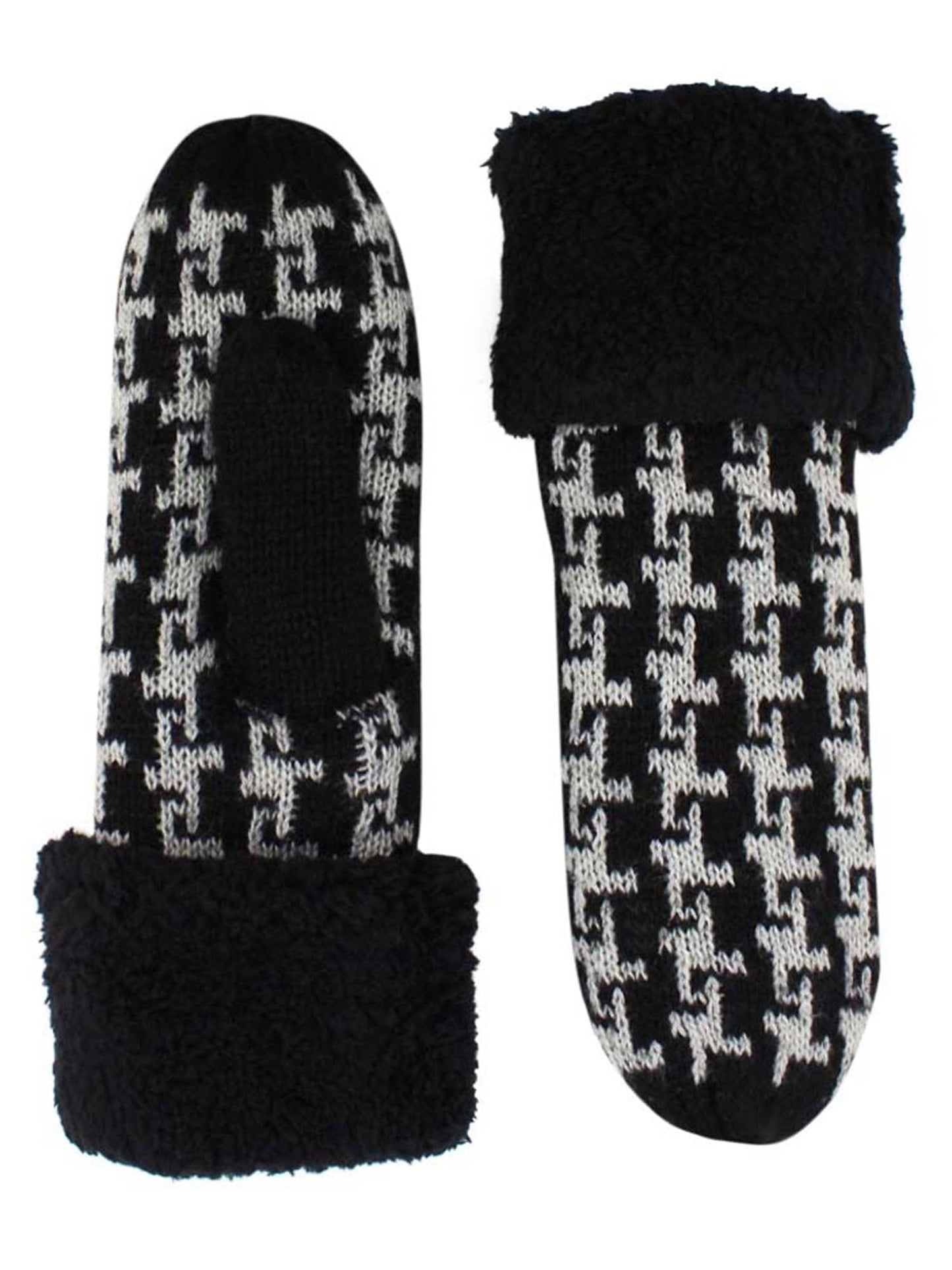 Womens Black Houndstooth Mittens With Fuzzy Cuff