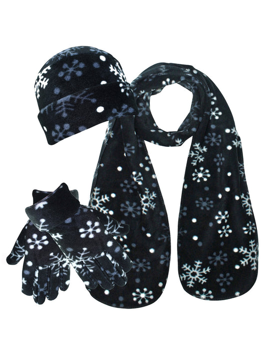 Black & White Snowflake Print Fleece 3-Piece Hat Scarf & Gloves Set