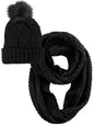 Winter Knit Circle Scarf and Beanie Hat Set With Fur Pom Pom