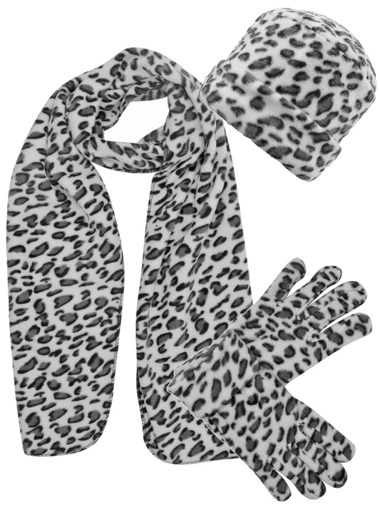 Black & White Snow Leopard Fleece Scarf Hat & Gloves Set