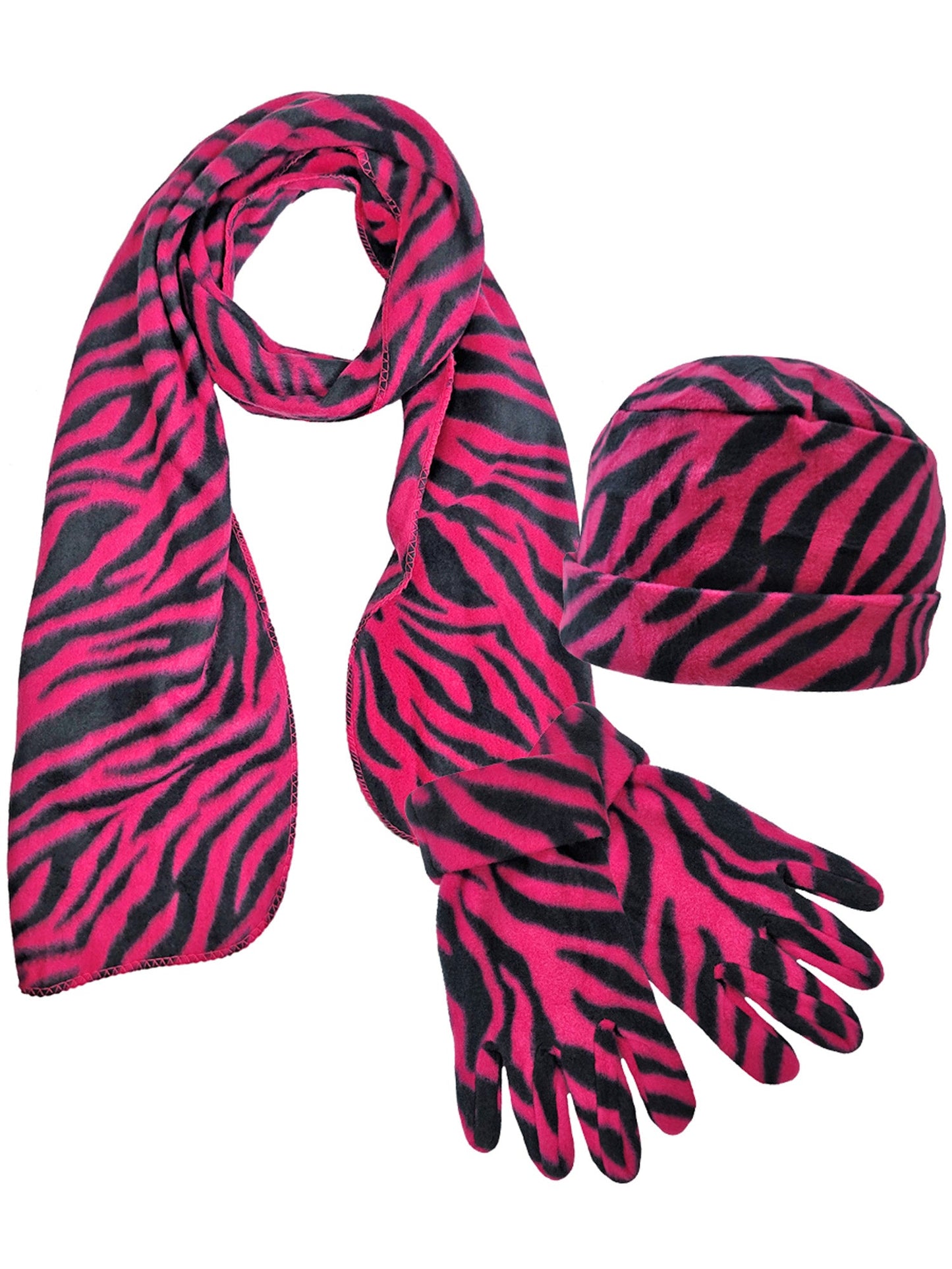 Hot Pink & Black Zebra Fleece 3 Piece Hat Scarf & Glove Matching Set