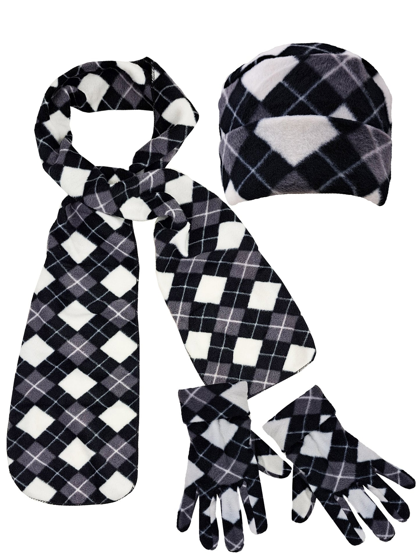 Black White Gray Argyle Print Polar Fleece Scarf Glove & Hat Set