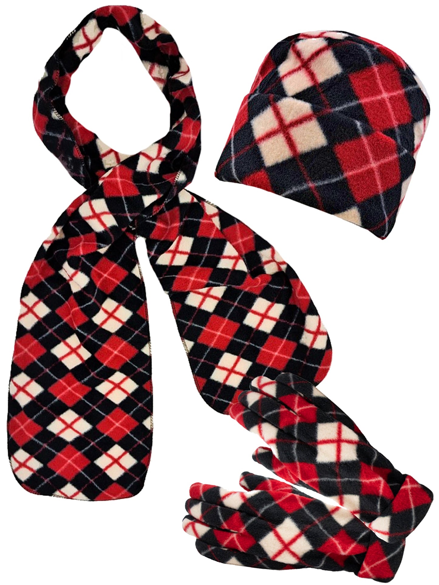 Red Black White Argyle Print Polar Fleece Scarf Glove & Hat Set