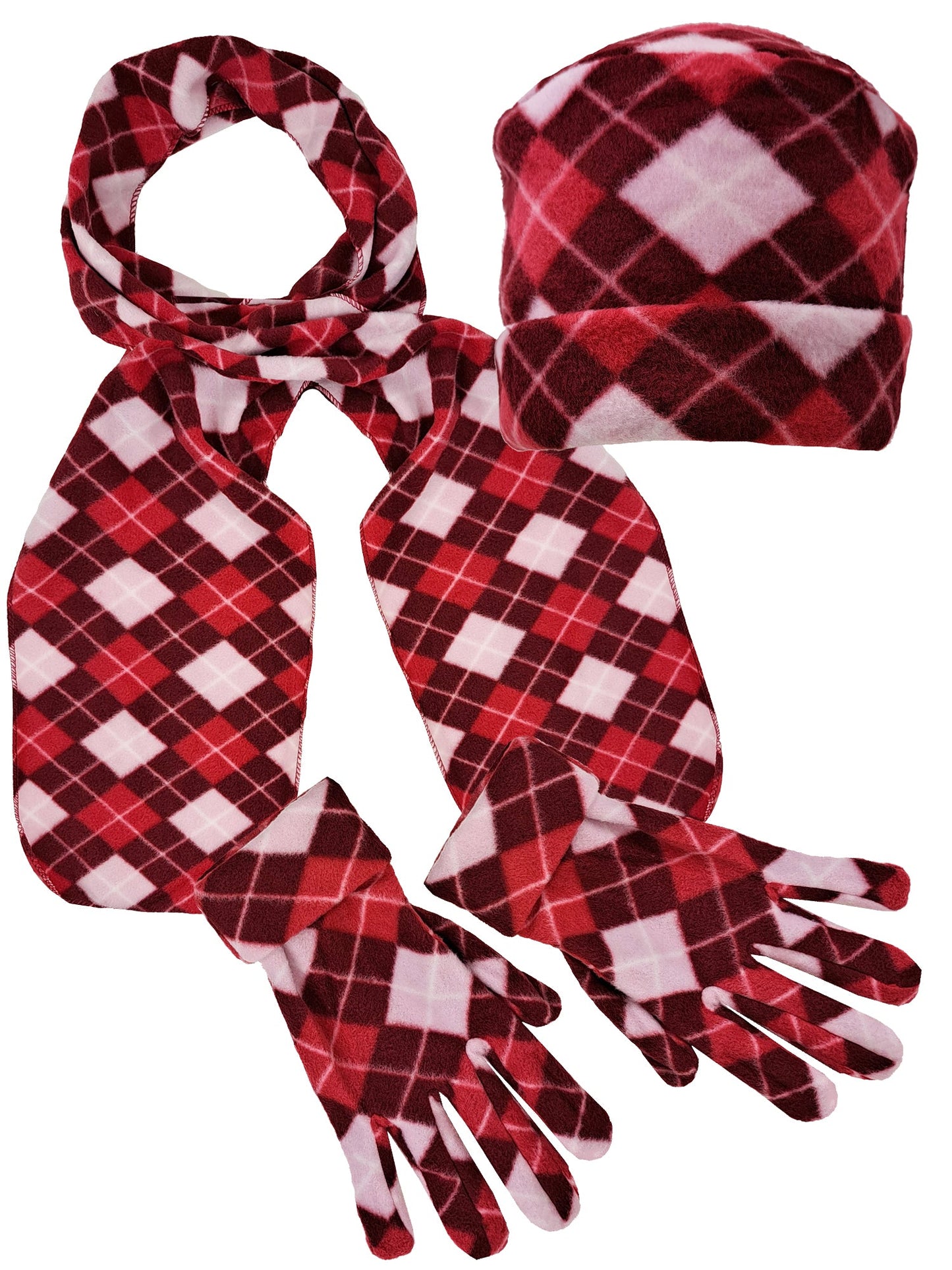 Pink Red White Argyle Print Polar Fleece Scarf Glove & Hat Set